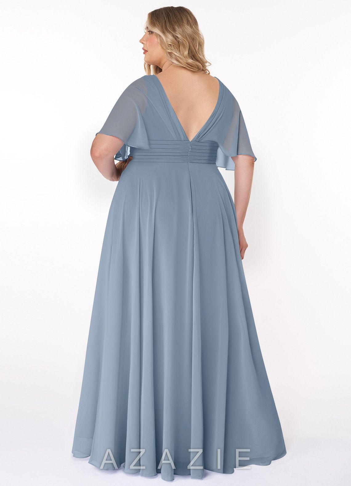 Azazie Pamela Dusty Blue A-Line V-Neck Pleated Chiffon Dress dusty_blue