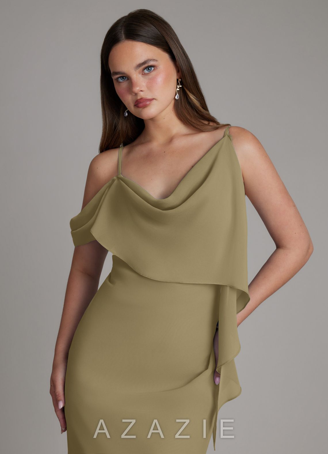 Azazie Yura Moss Green Mermaid Off the Shoulder Chiffon Dress moss_green