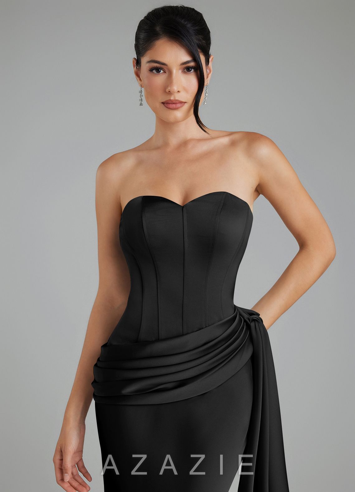 Azazie Draya Black Mermaid Strapless Stretch Satin Dress black