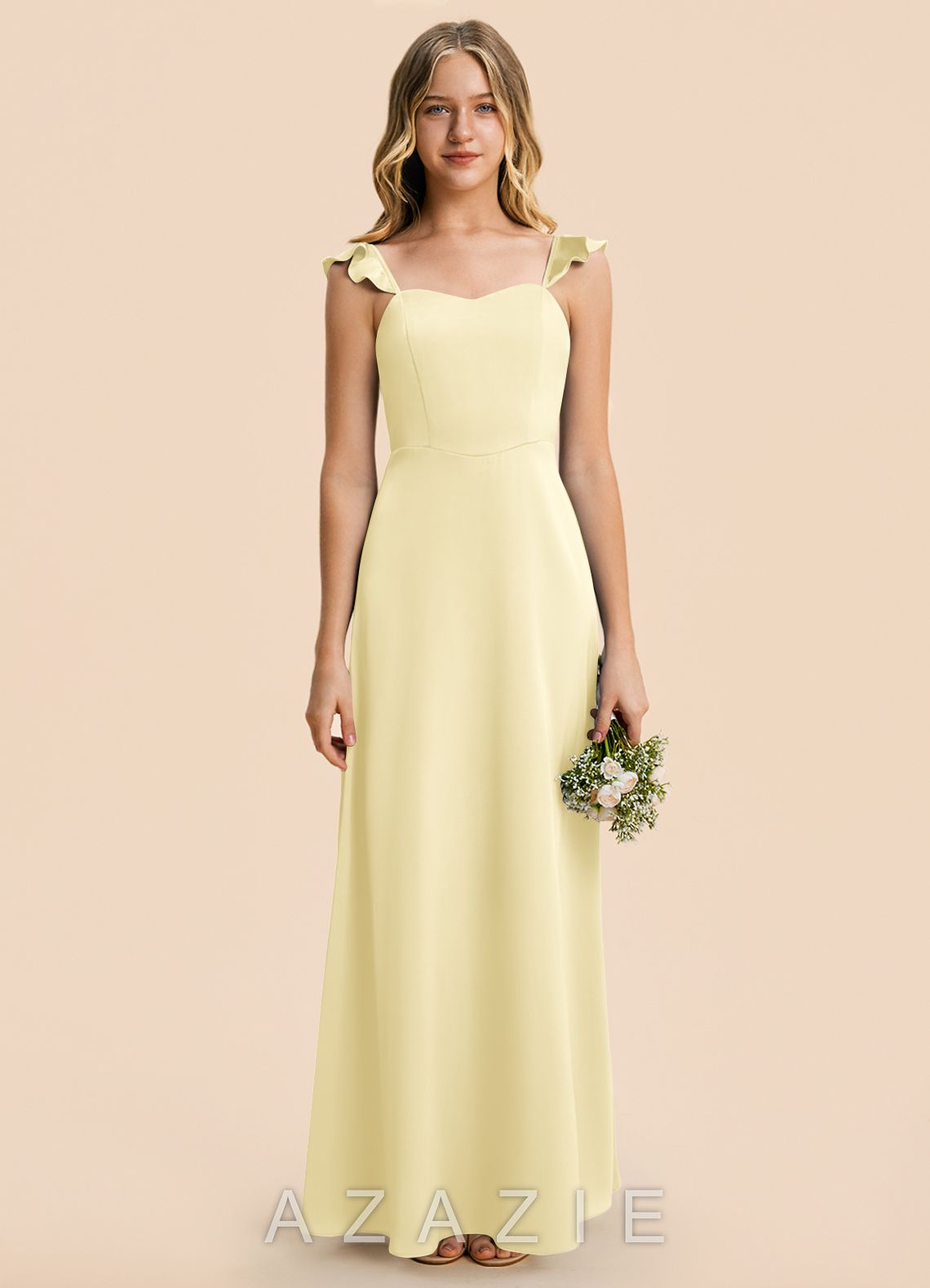 Azazie Mavie Junior Lemon Sorbet A-Line Ruched Stretch Satin Dress lemon_sorbet