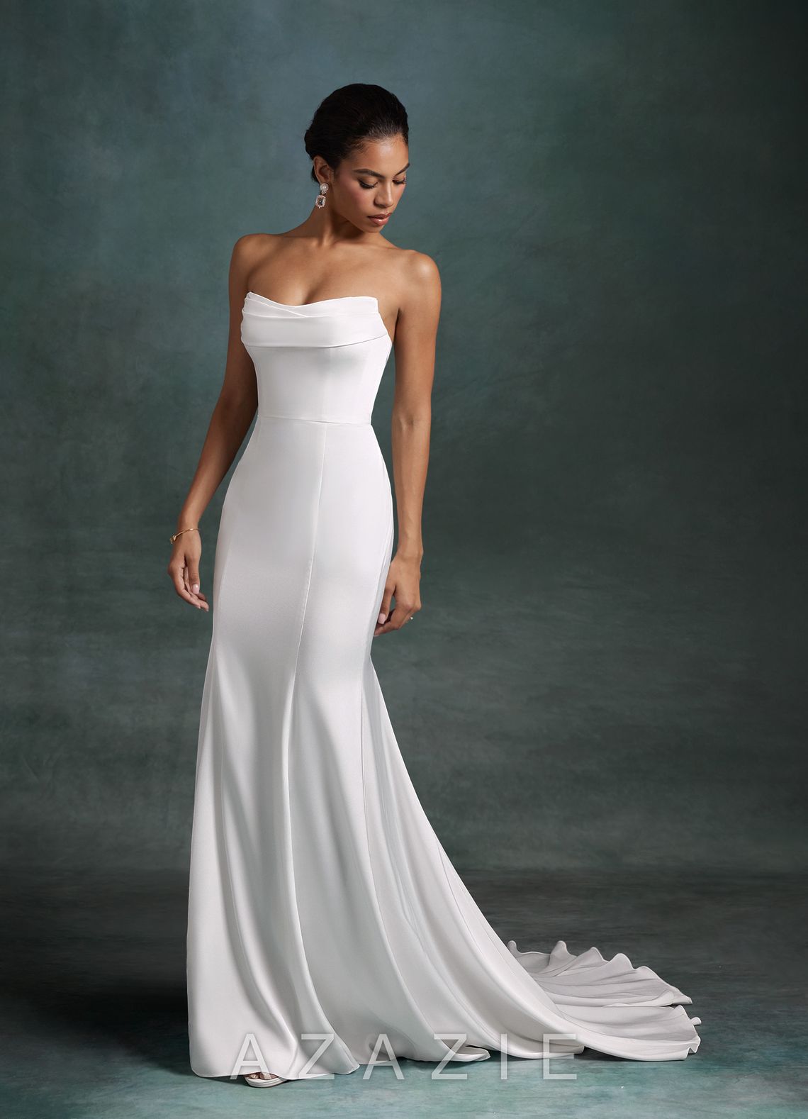 Azazie Tessa Diamond White Mermaid Strapless Stretch Satin Dress diamond_white
