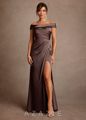 Azazie Bedford Ganache Sheath Pleated Stretch Satin Dress