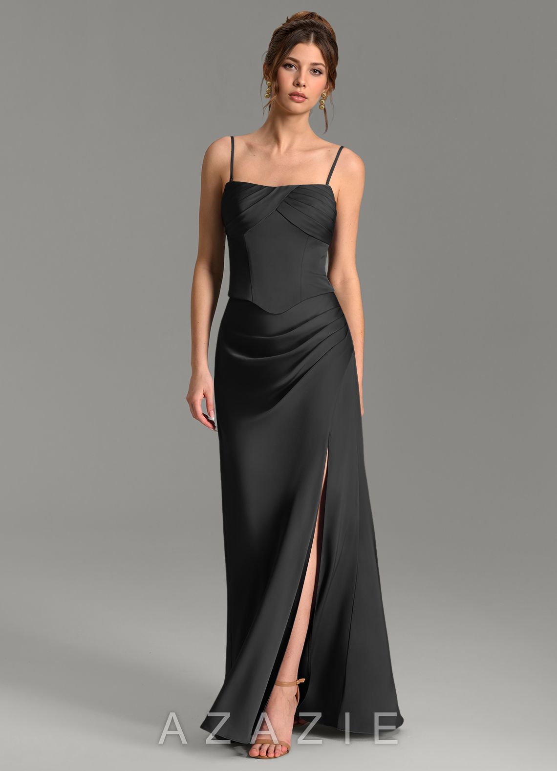 Azazie Nicki Black Sheath Corset Stretch Satin Dress black