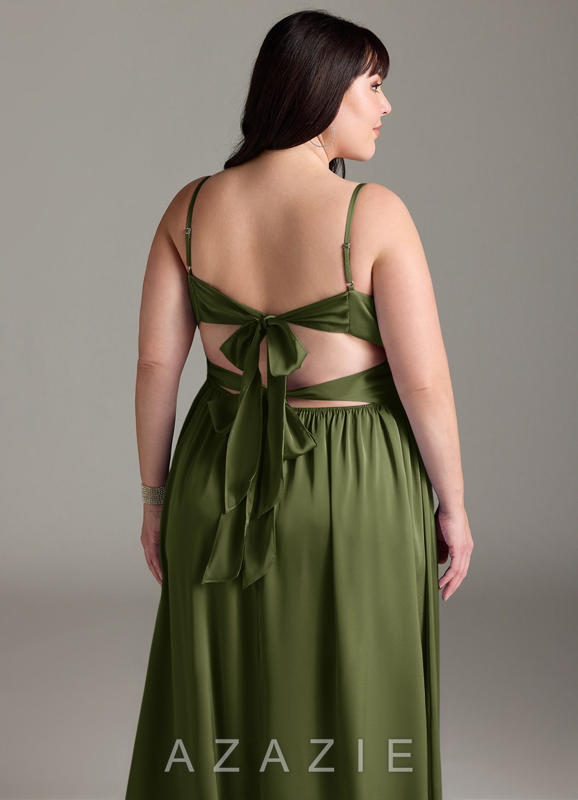 Azazie Zeya Olive A-Line Pleated Stretch Satin Dress olive