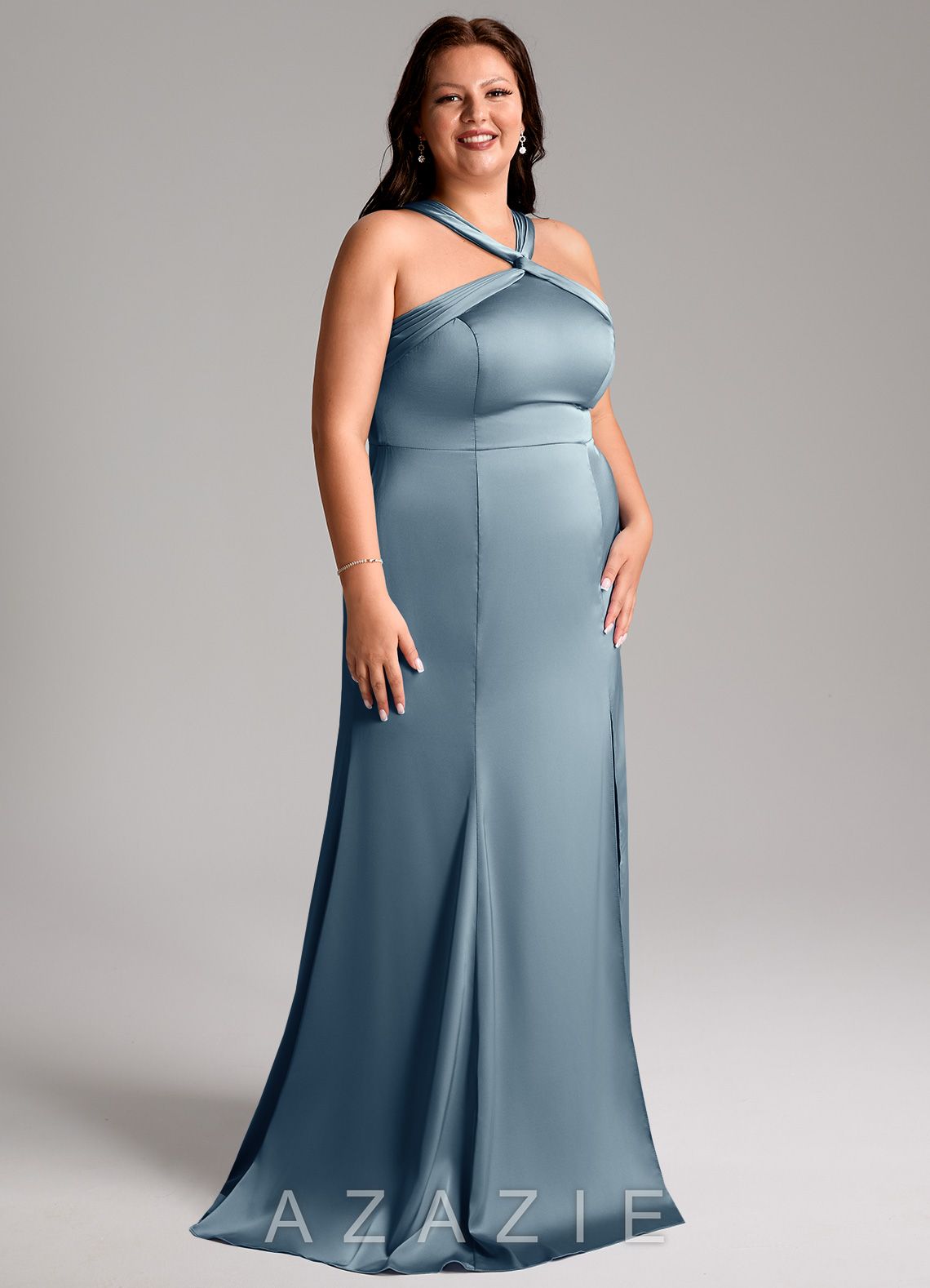 Azazie Rue Dusty Blue Mermaid Pleated Stretch Satin Dress dusty_blue