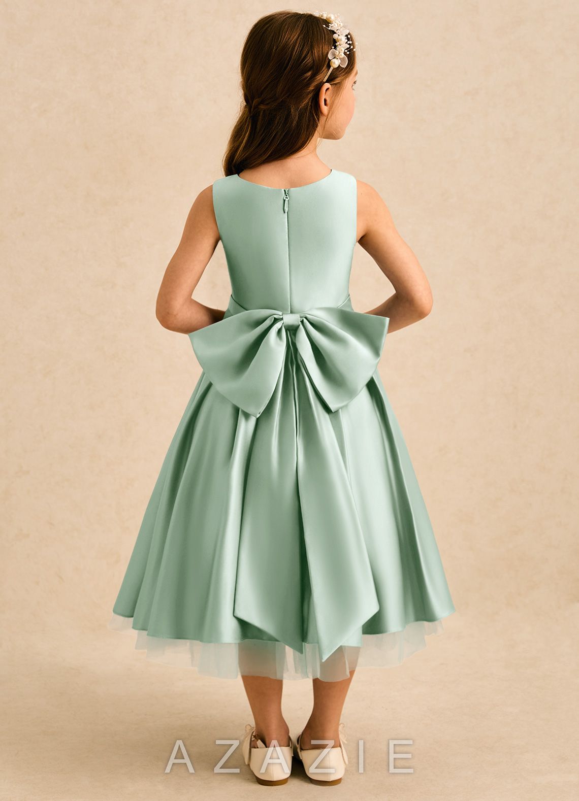 Azazie Josie Agave A-Line Pleated Matte Satin Dress agave