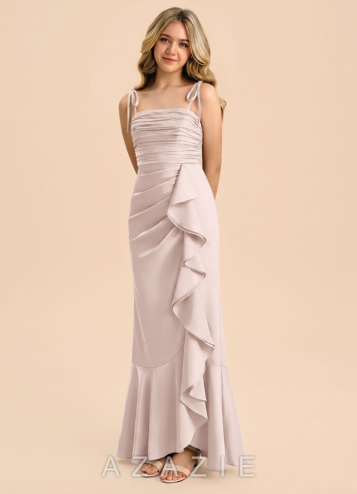 Azazie Ryan Junior Blushing Pink Sheath Bow Stretch Satin Dress