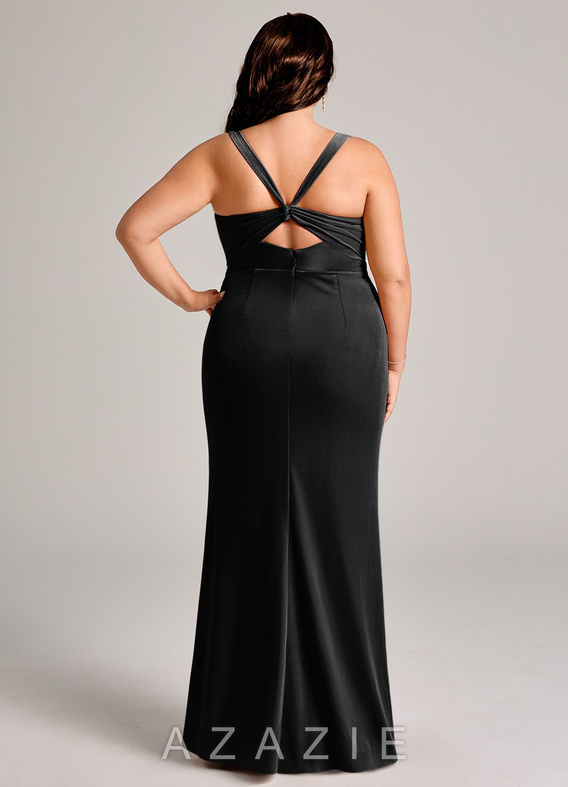 Azazie Mero Black Mermaid Pleated Velvet Dress black
