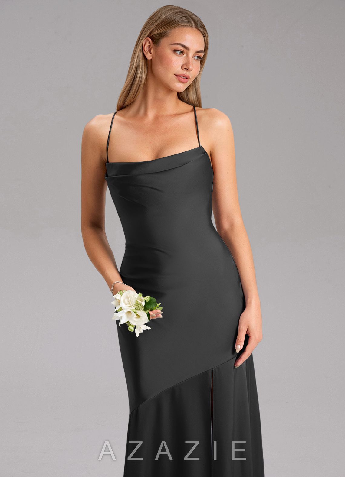 Azazie Grata Black Mermaid Side Slit Stretch Satin Dress black