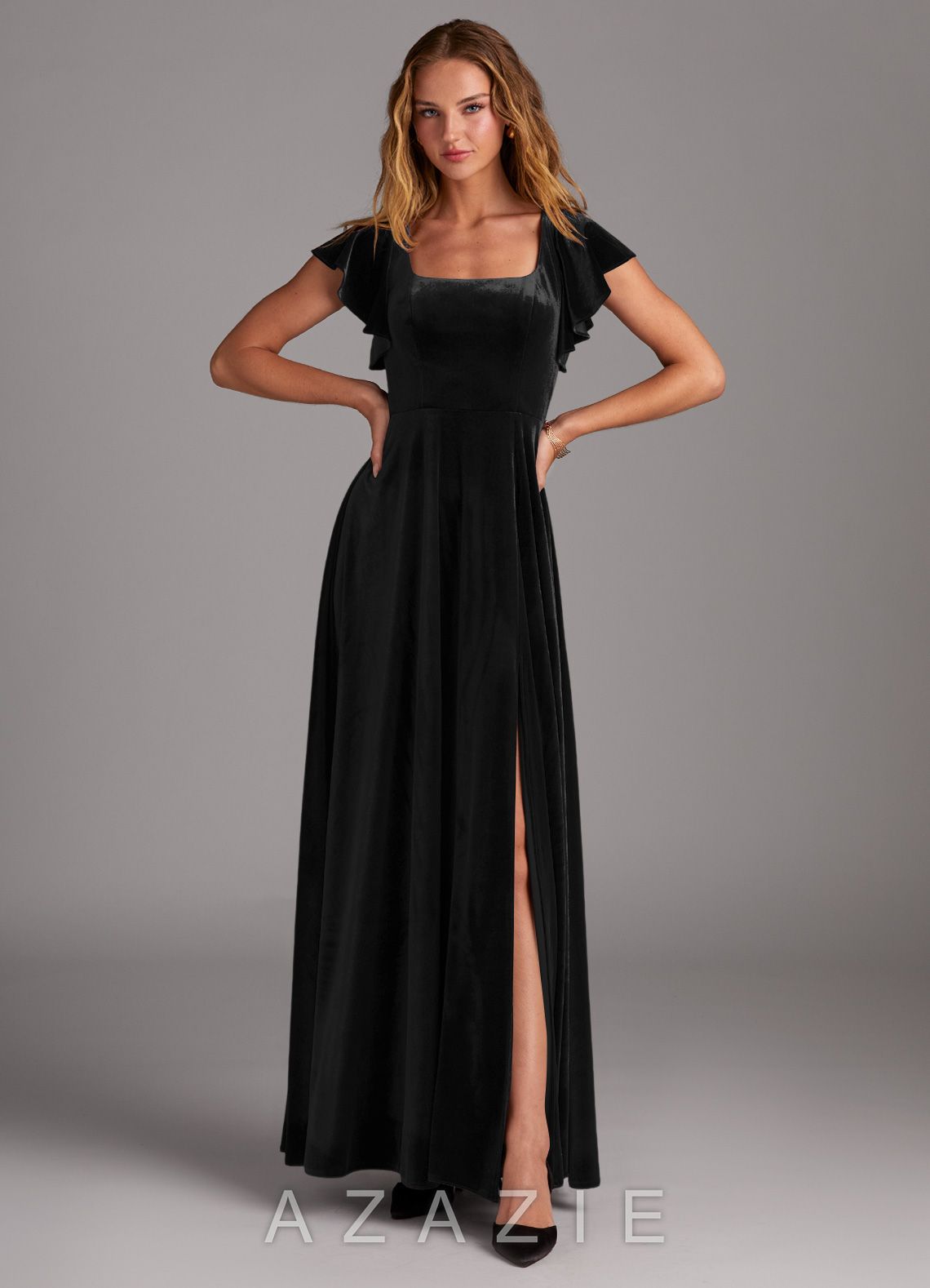 Azazie Bondi Black A-Line Side Slit Velvet Dress black