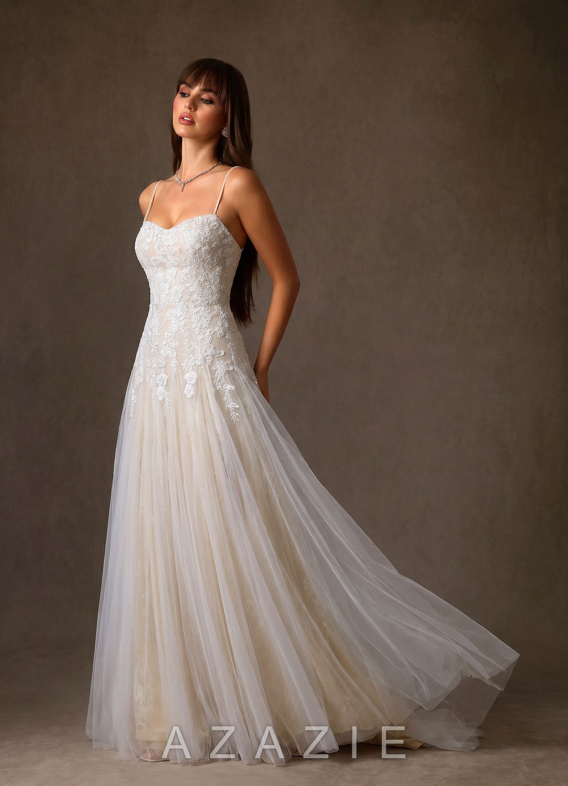 Azazie Lumina Diamond White Champagne A-Line Sweetheart Neckline Lace Dress diamond_white/champagne