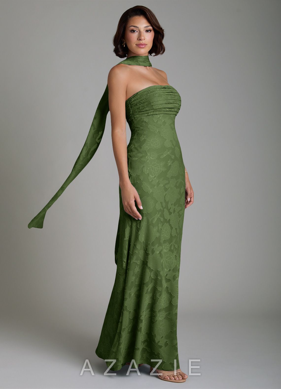 Azazie Saylor Olive Mermaid Strapless Floral Burnout Convertible Dress olive