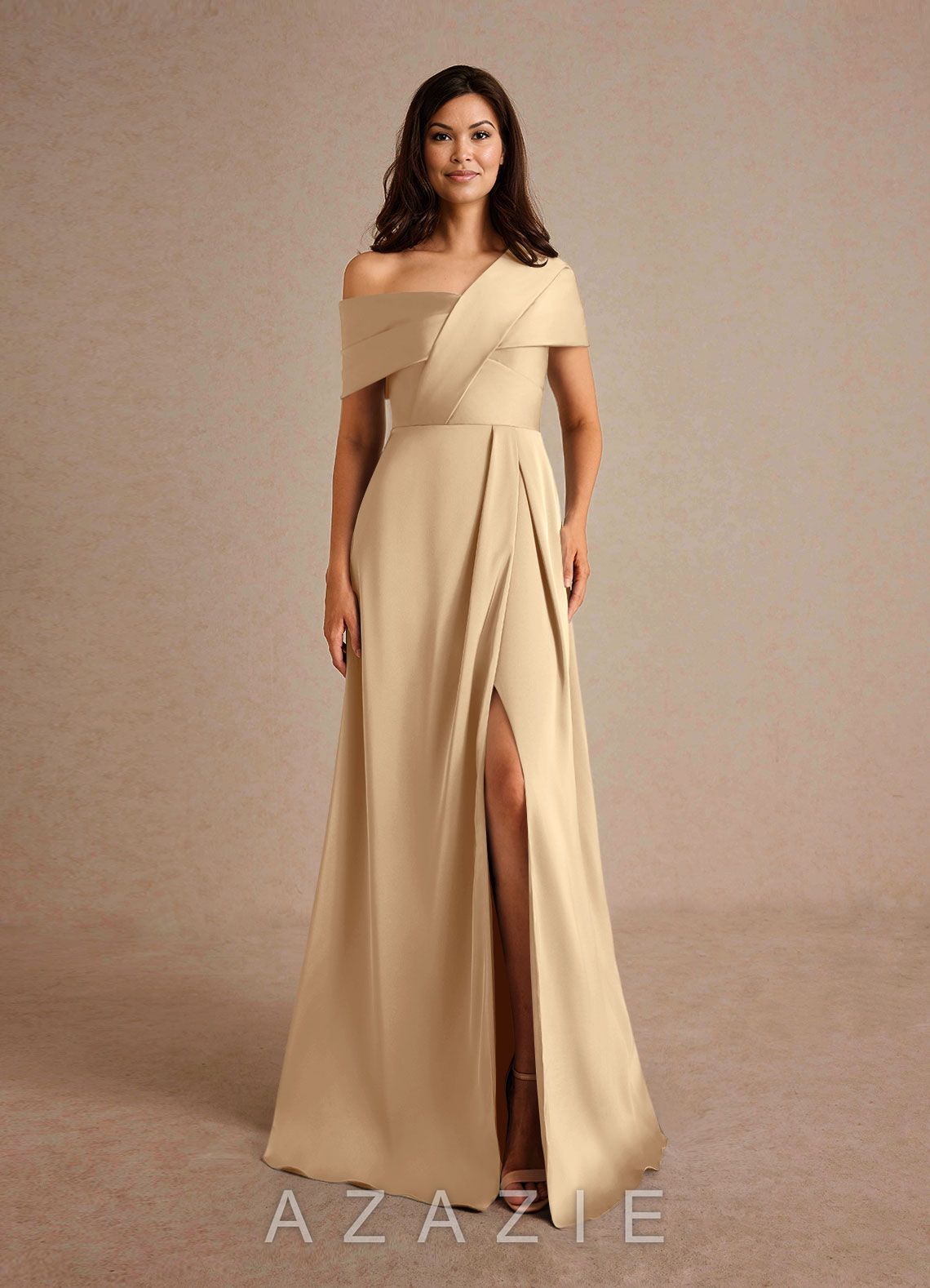 Azazie Milton Champagne A-Line Pleated Stretch Satin Dress champagne