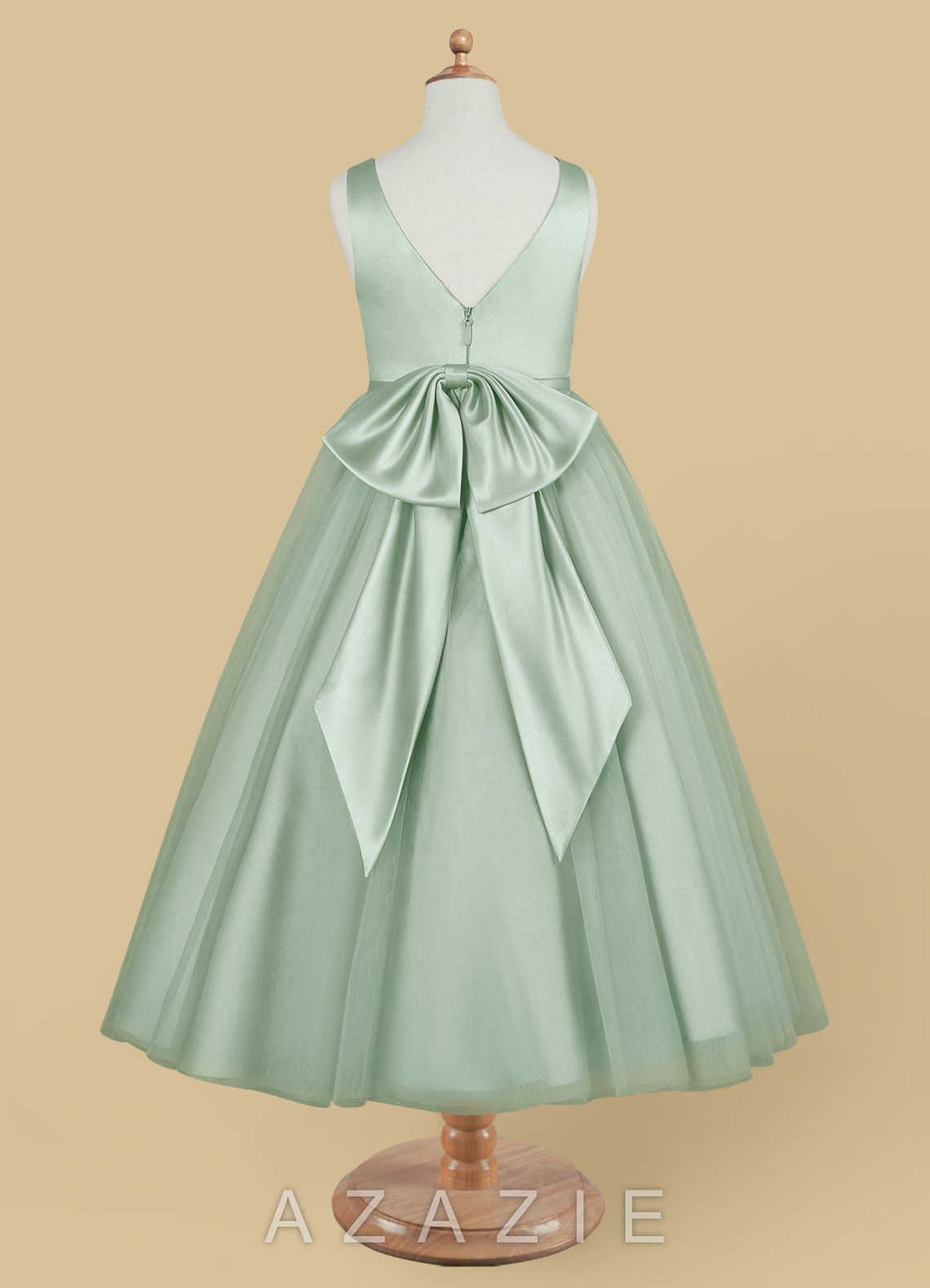 Azazie Marybell Agave A-Line Bow Tulle Dress agave