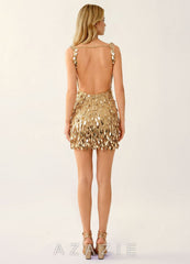 Viennejoie Champagne Beading Sequin Embroidery Open Back Mini Dress