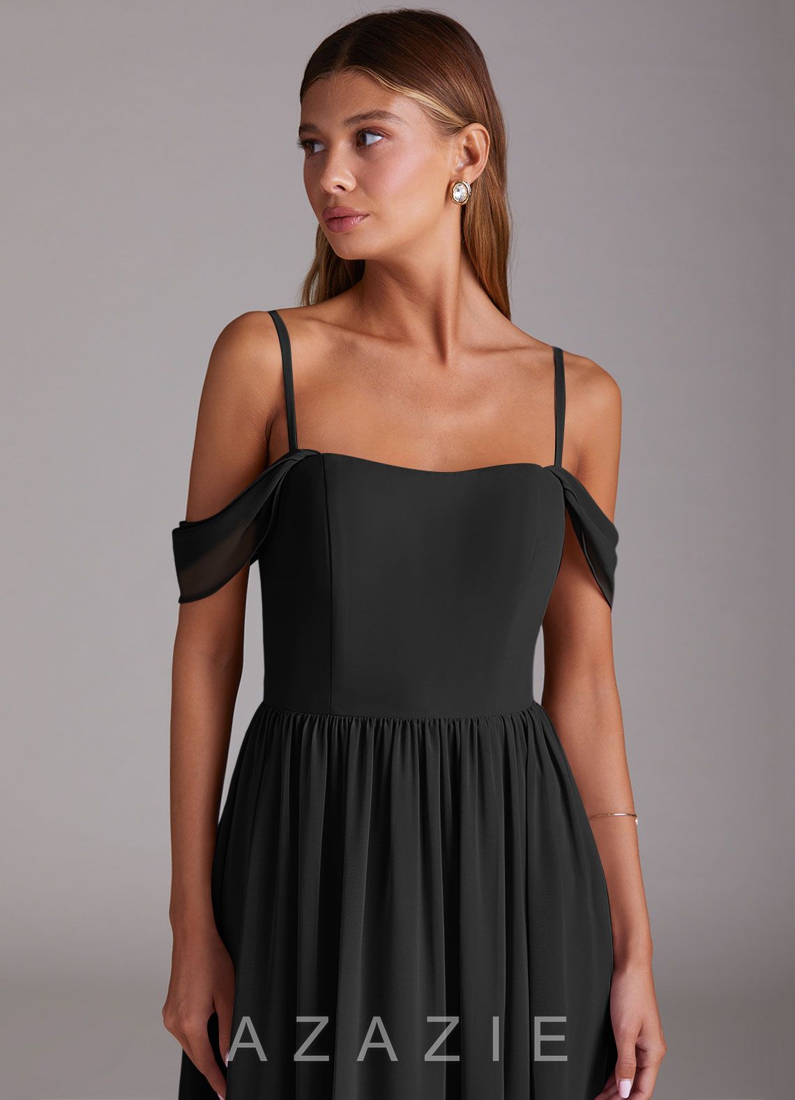 Azazie Calianna Black A-Line Off the Shoulder Chiffon Convertible Dress black
