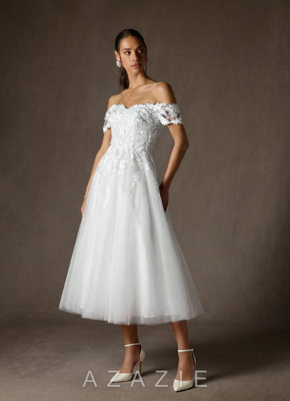 Azazie Rowe Diamond White A-Line Off the Shoulder Lace Dress diamond_white