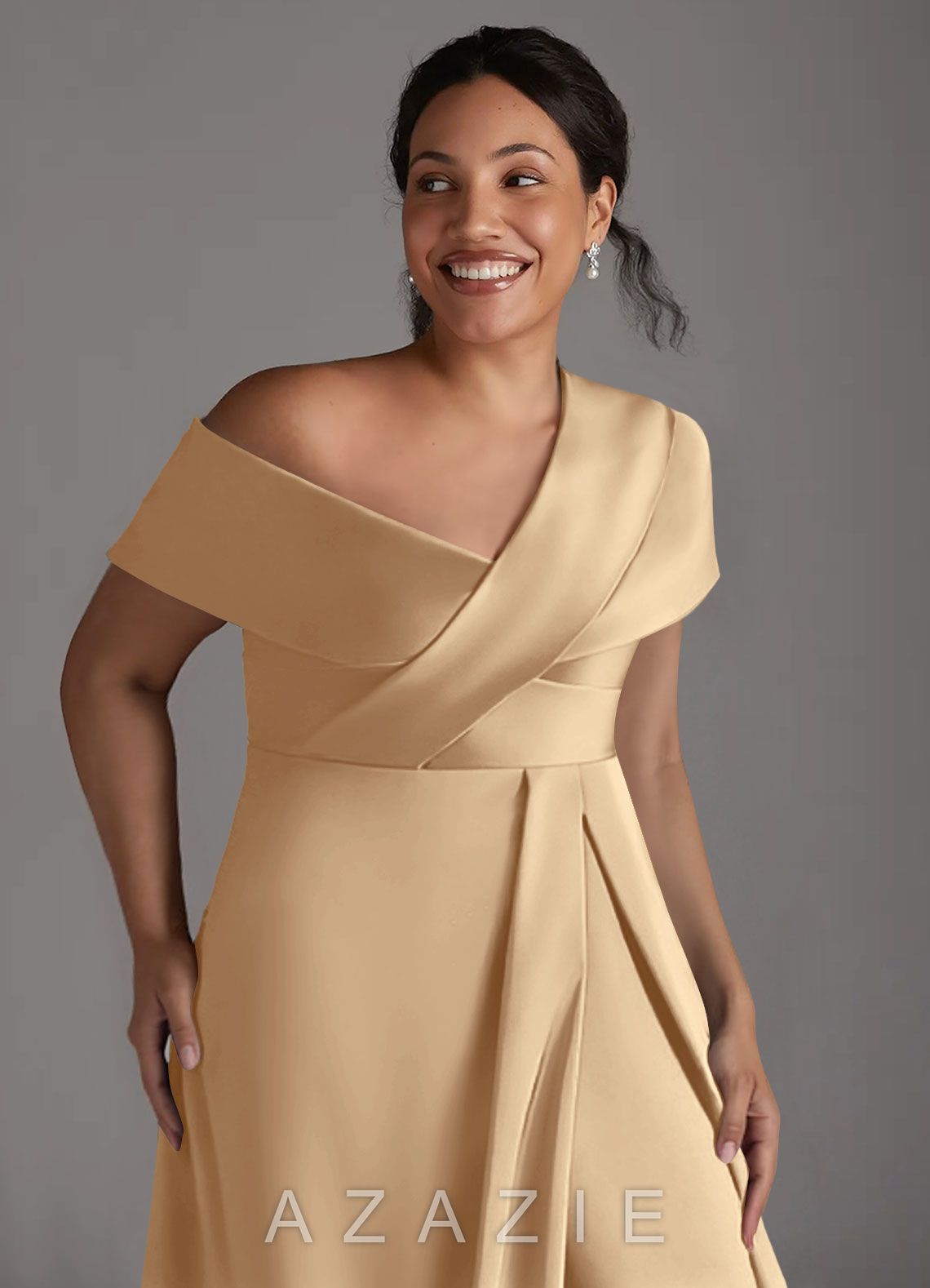 Azazie Milton Champagne A-Line Pleated Stretch Satin Dress champagne