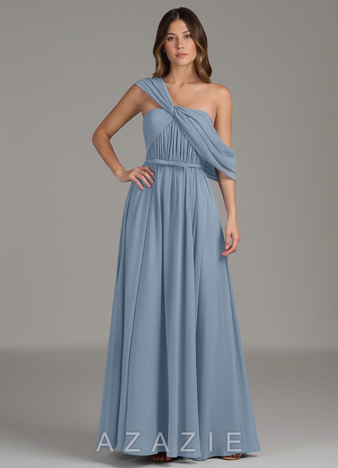 Azazie Nyah Dusty Blue A-Line Off the Shoulder Chiffon Dress dusty_blue
