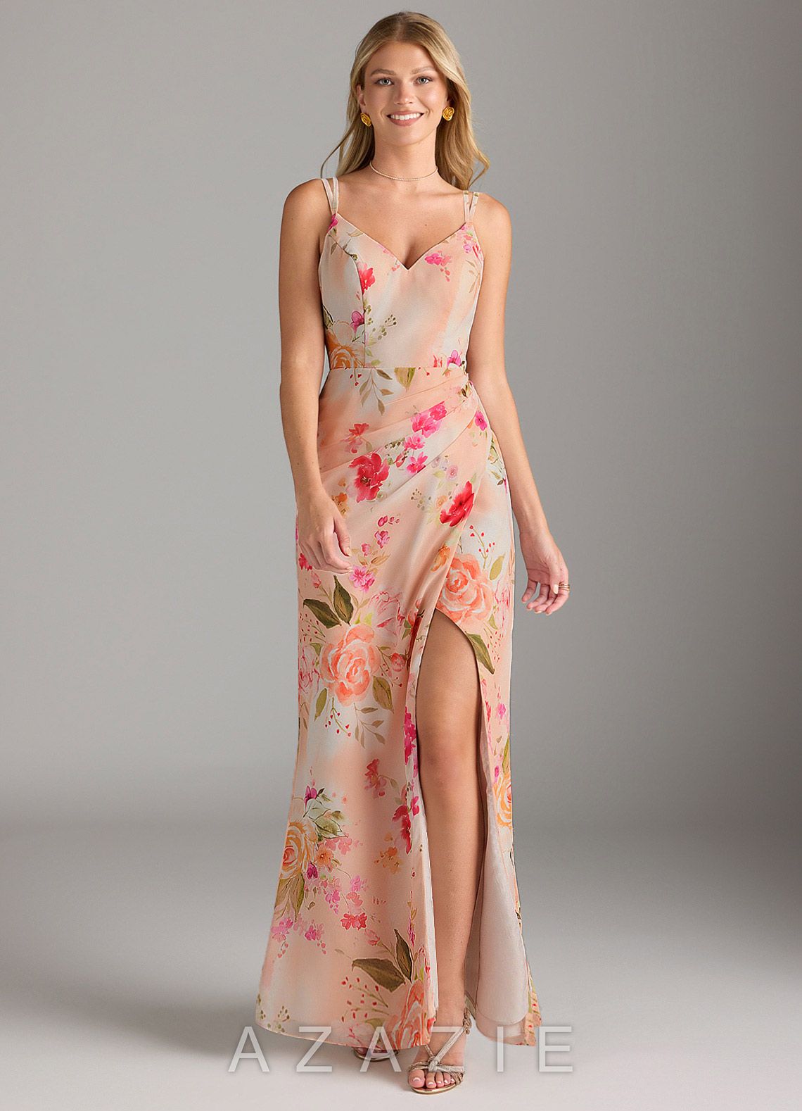 Azazie Leo Abstract Bouquet Floral Mermaid V-Neck Pleated Chiffon Dress