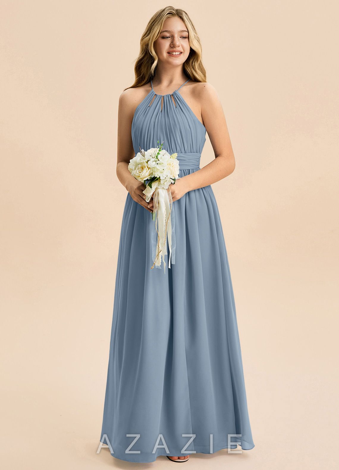 Azazie Noelle Junior Dusty Blue A-Line Pleated Chiffon Dress dusty_blue