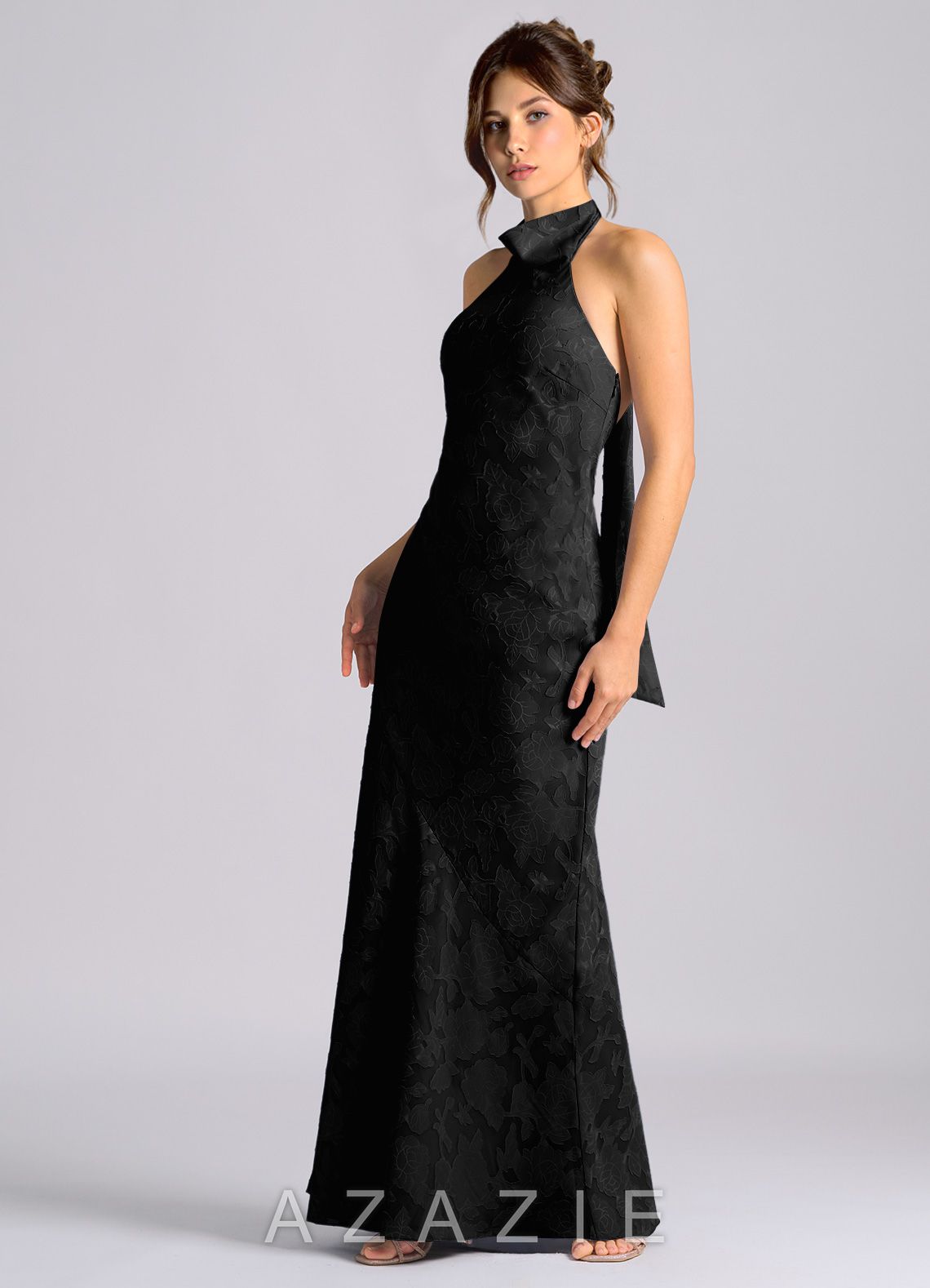 Azazie Velli Black Mermaid High Neck Floral Burnout Dress black