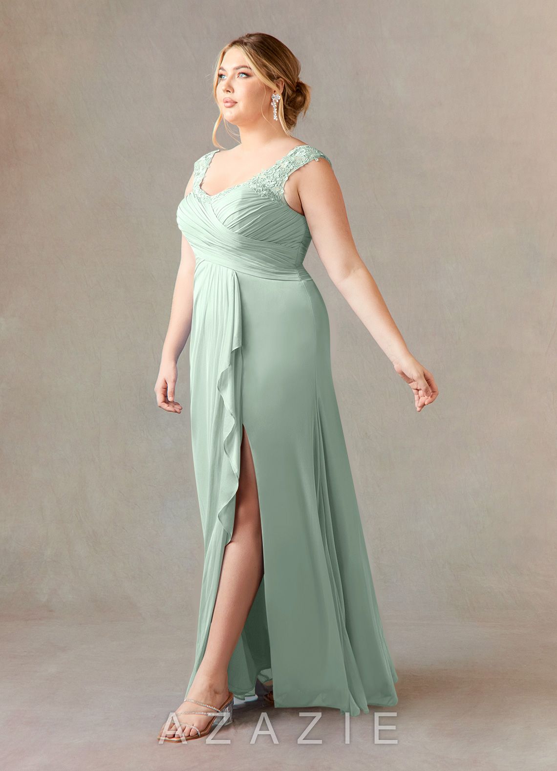 Azazie Edelin Agave A-Line Sweetheart Neckline Pleated Mesh Dress agave