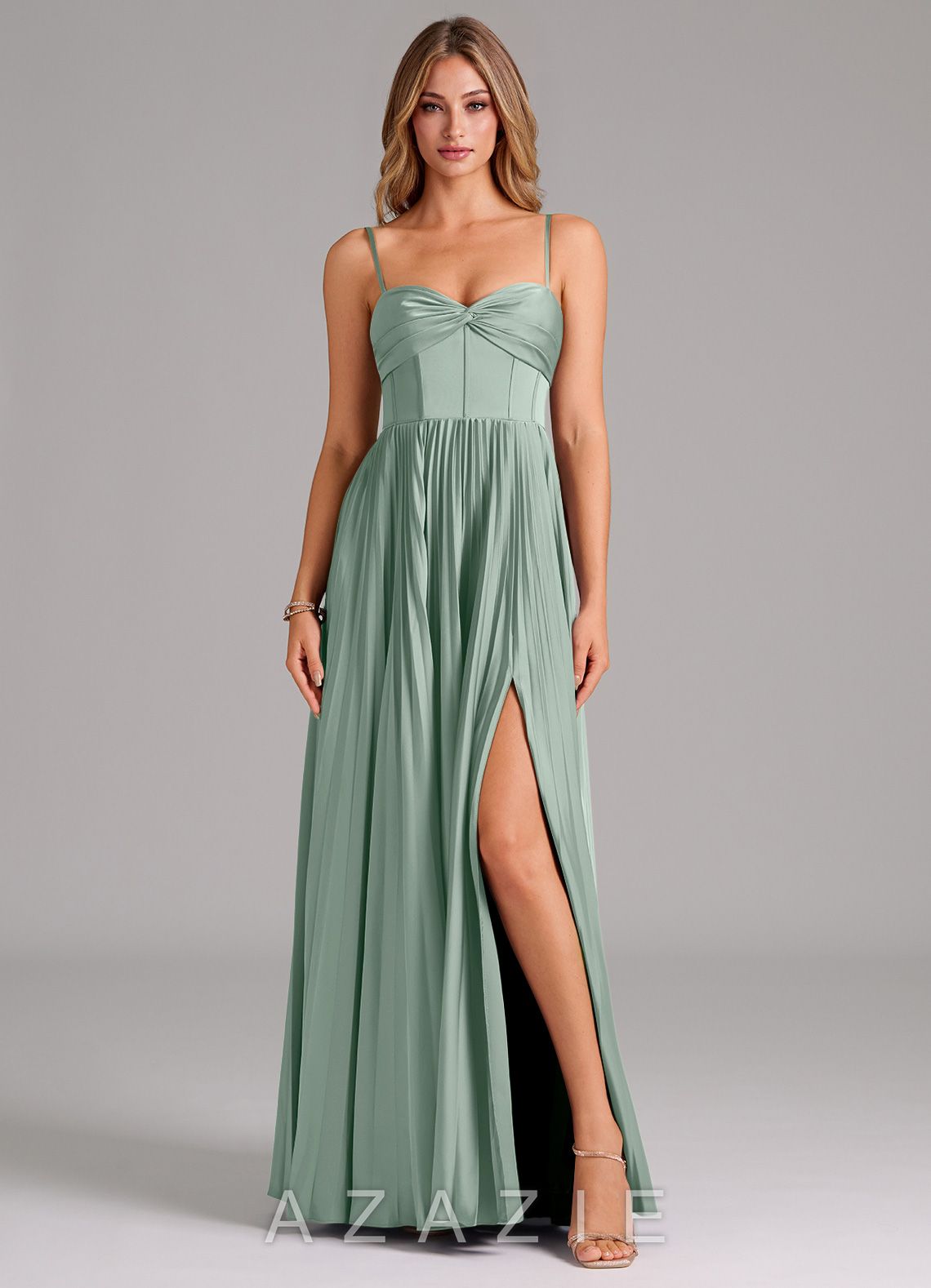 Azazie Akiko Agave A-Line Sweetheart Neckline Stretch Satin Dress