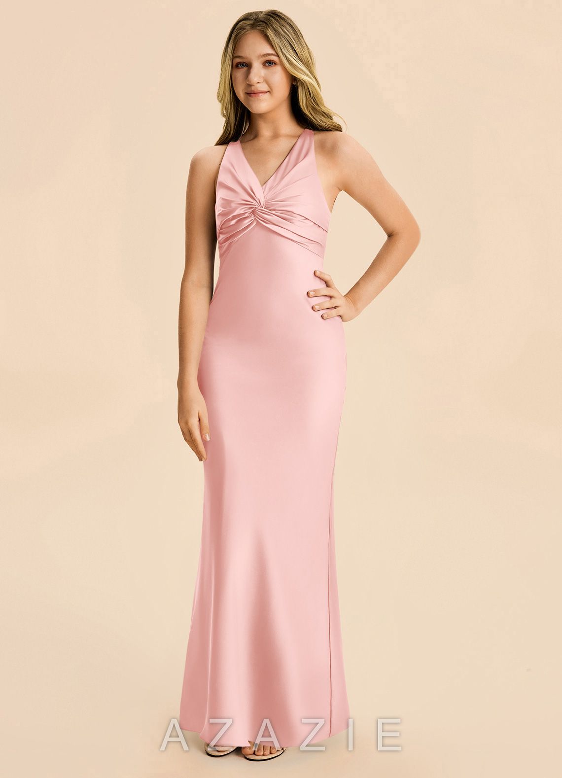 Azazie Hati Junior Powder Pink Mermaid Stretch Satin Dress powder_pink
