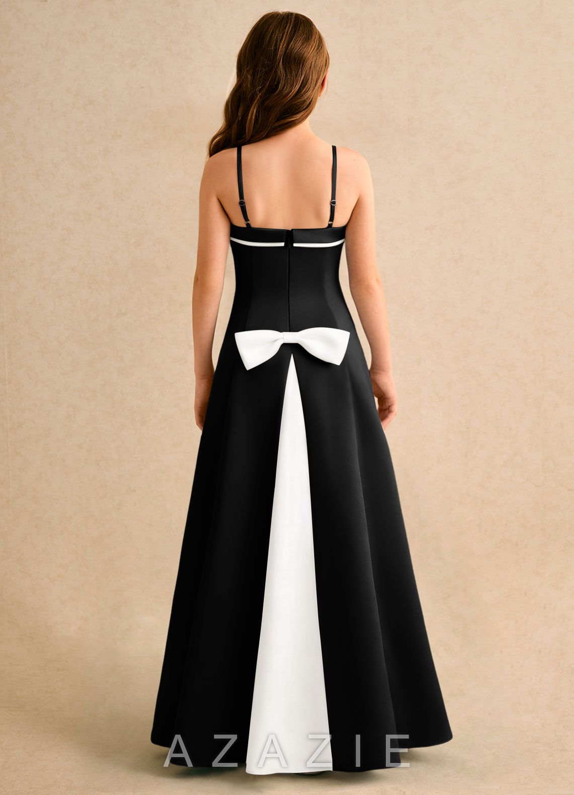 Azazie Izel Girls Formal Ivory Black A-Line Pleated Matte Satin Dress ivory/black