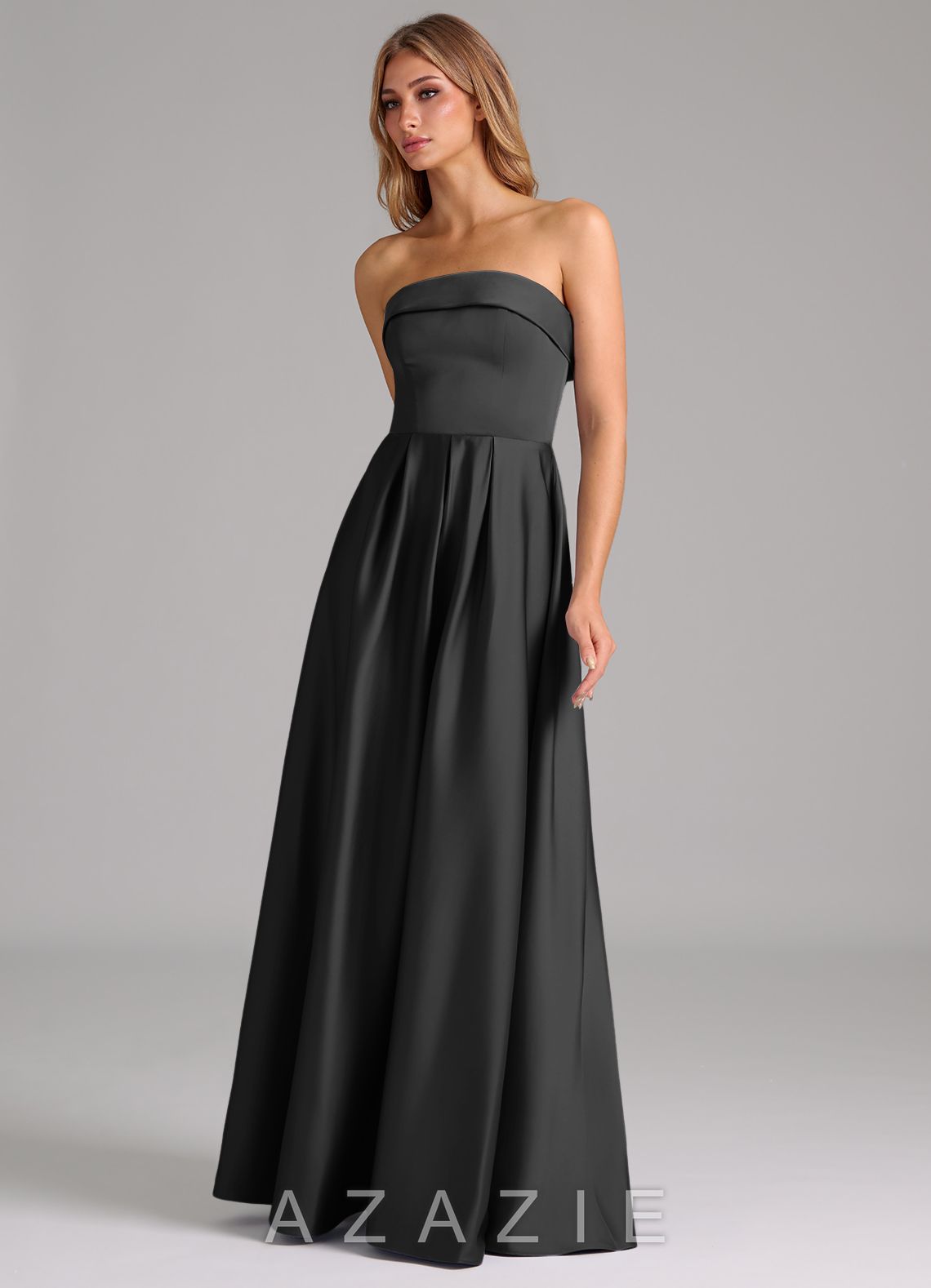 Azazie Lucienne Black A-Line Strapless Stretch Satin Convertible Dress black