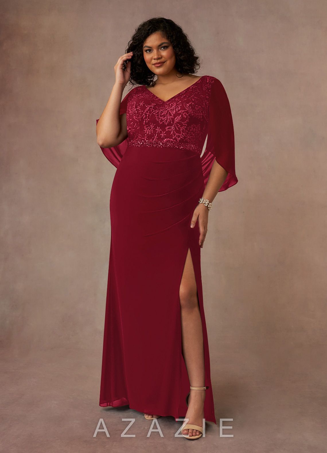 Azazie Laina Burgundy Mermaid Lace Chiffon Dress burgundy