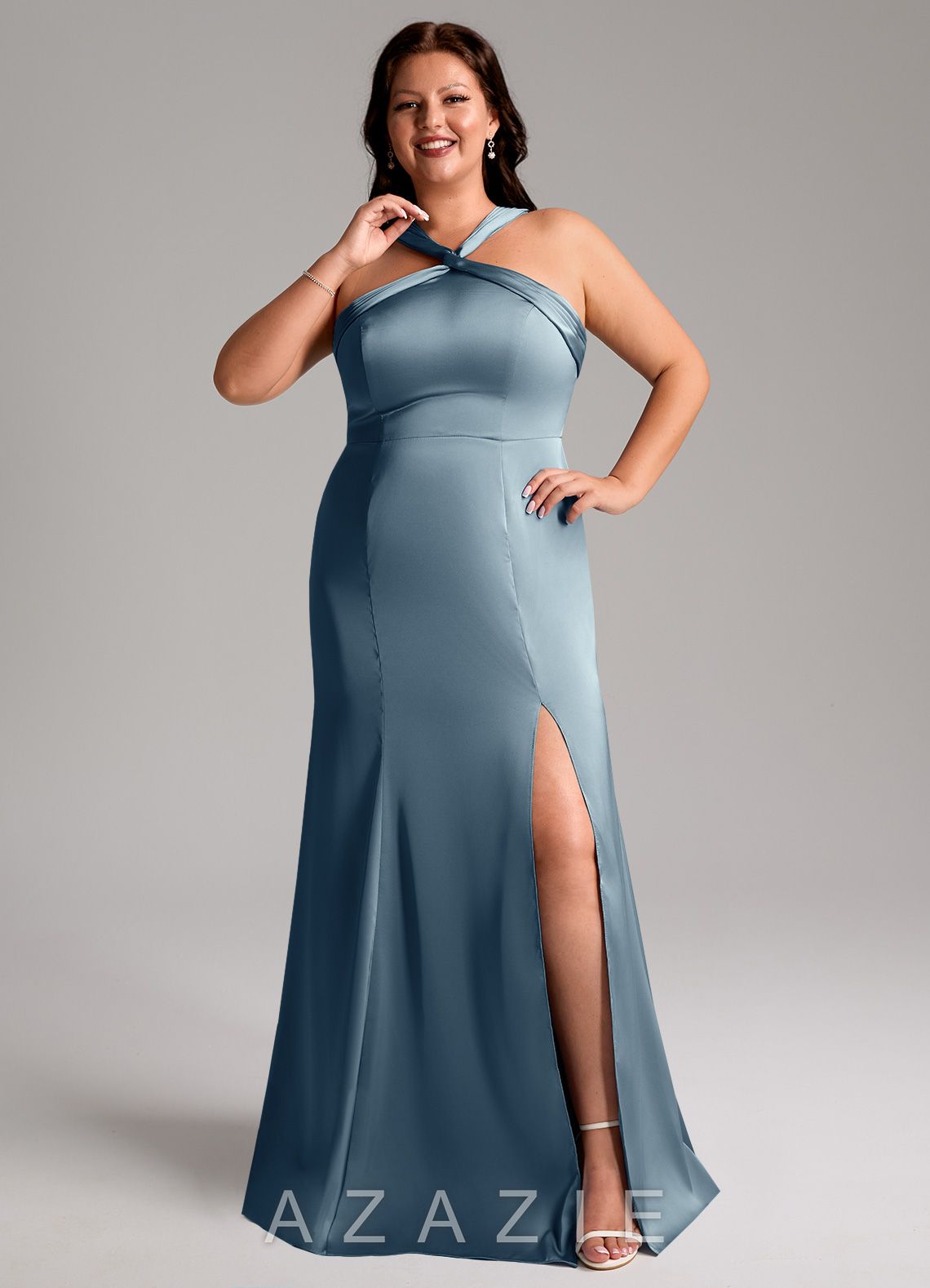 Azazie Rue Dusty Blue Mermaid Pleated Stretch Satin Dress dusty_blue