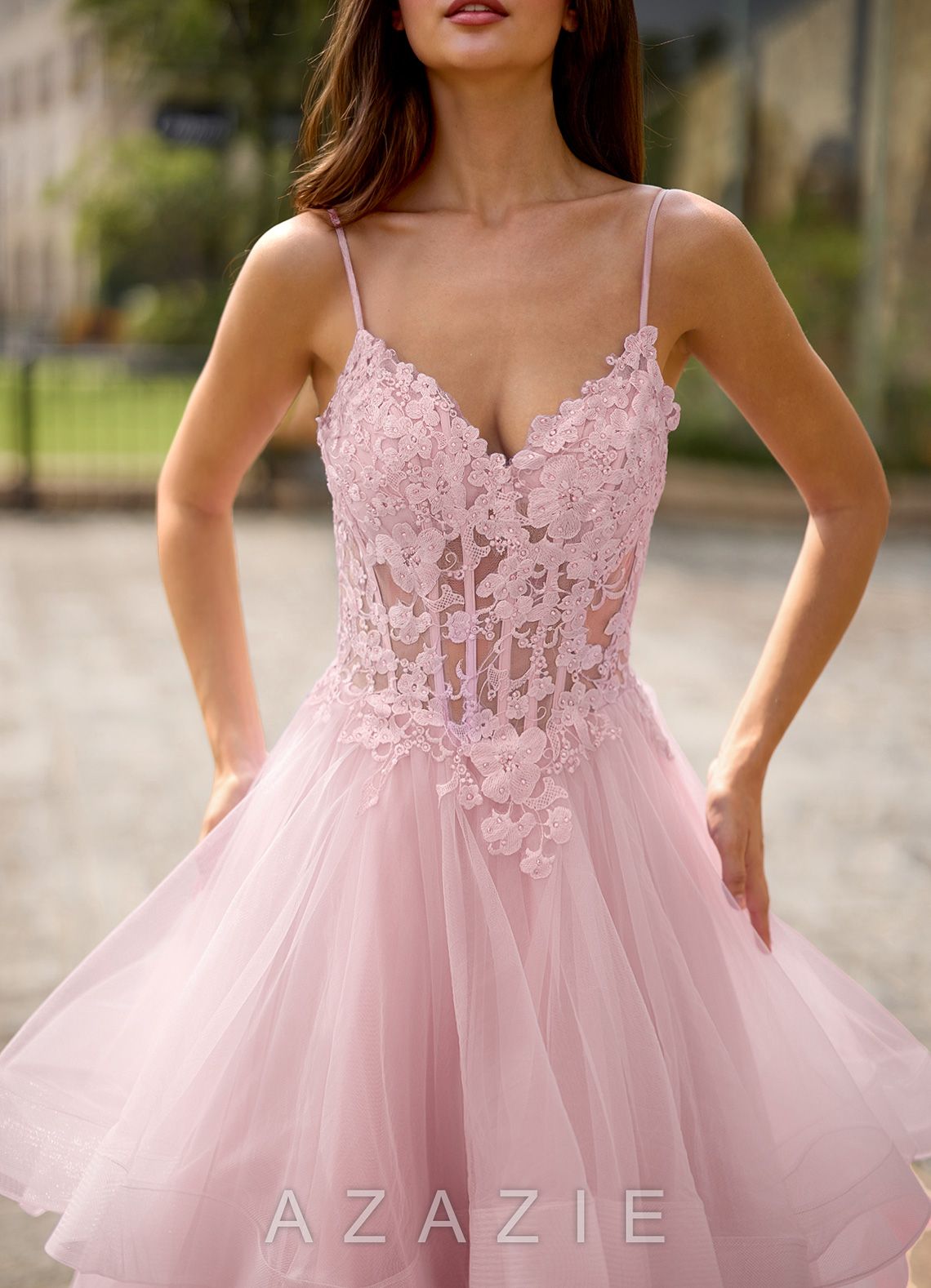 Spitze Pink Sheer Lace Prom Dress  pink