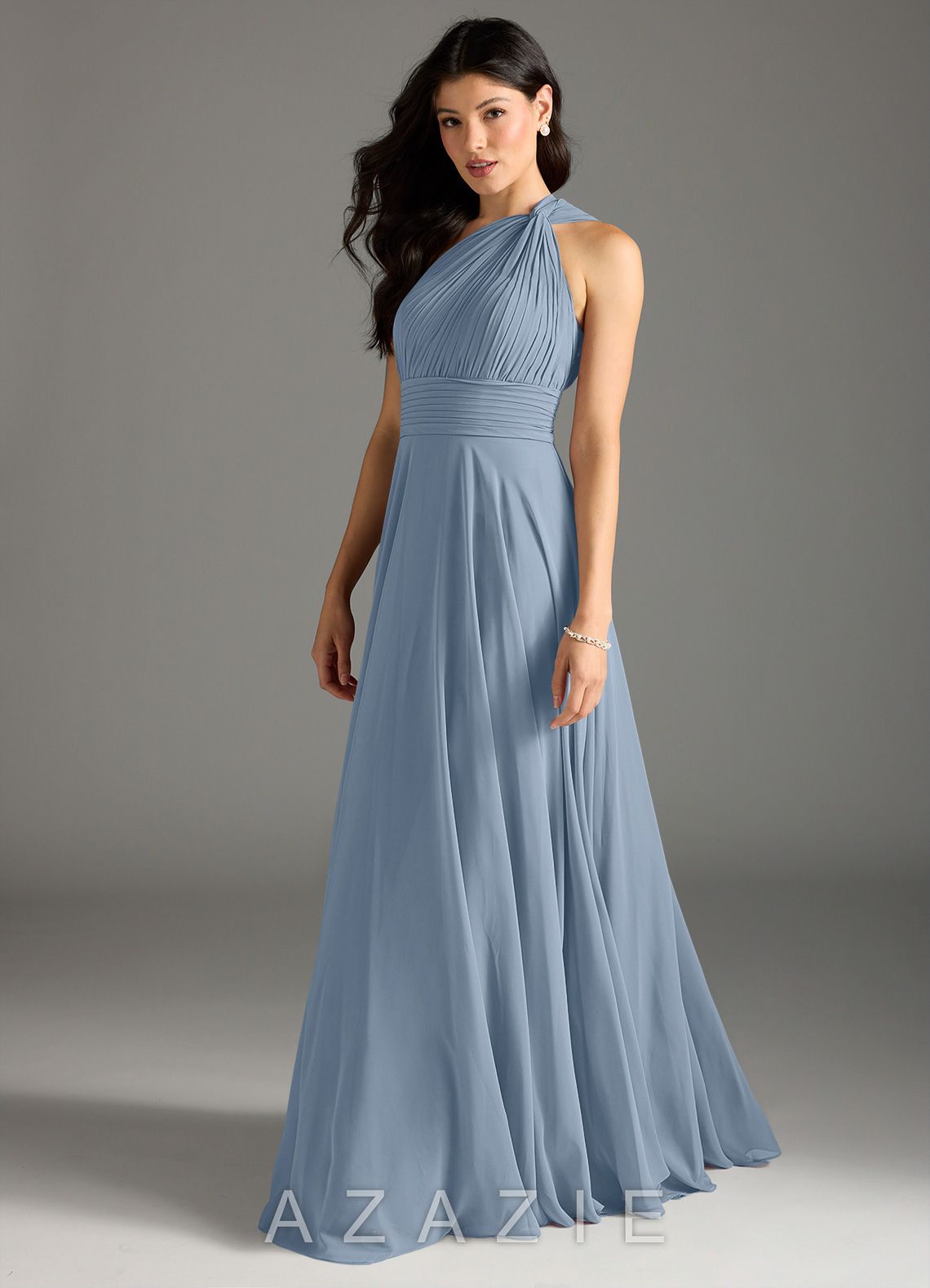 Azazie Charlize Dusty Blue A-Line One Shoulder Chiffon Dress dusty_blue