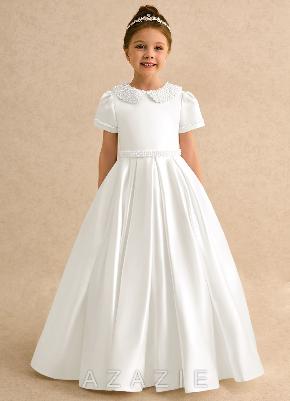 Azazie Gabriella Ivory Ball-Gown with Sleeves Matte Satin Dress ivory