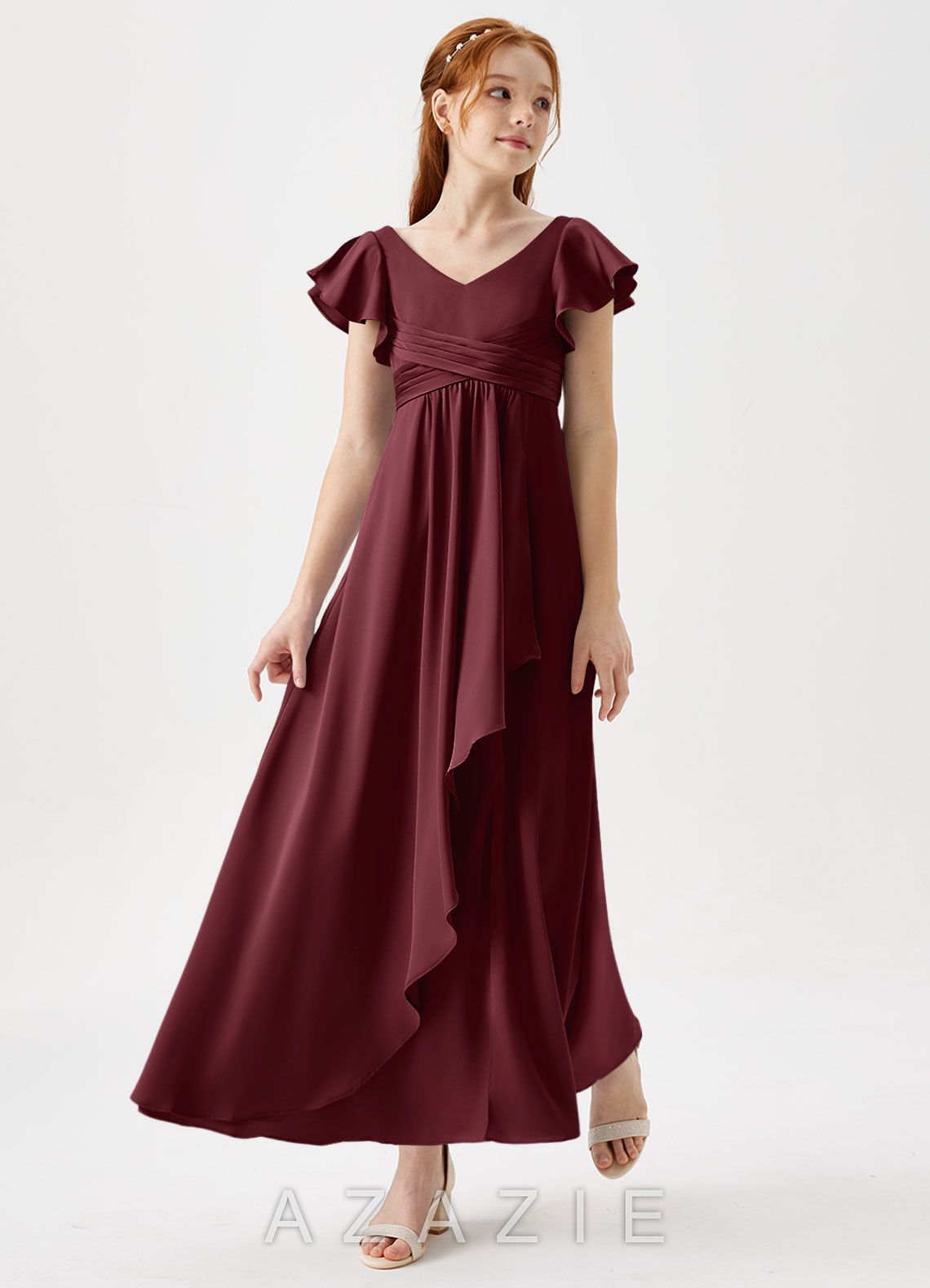 Azazie Omari Junior Cabernet A-Line Pleated Stretch Satin Dress cabernet
