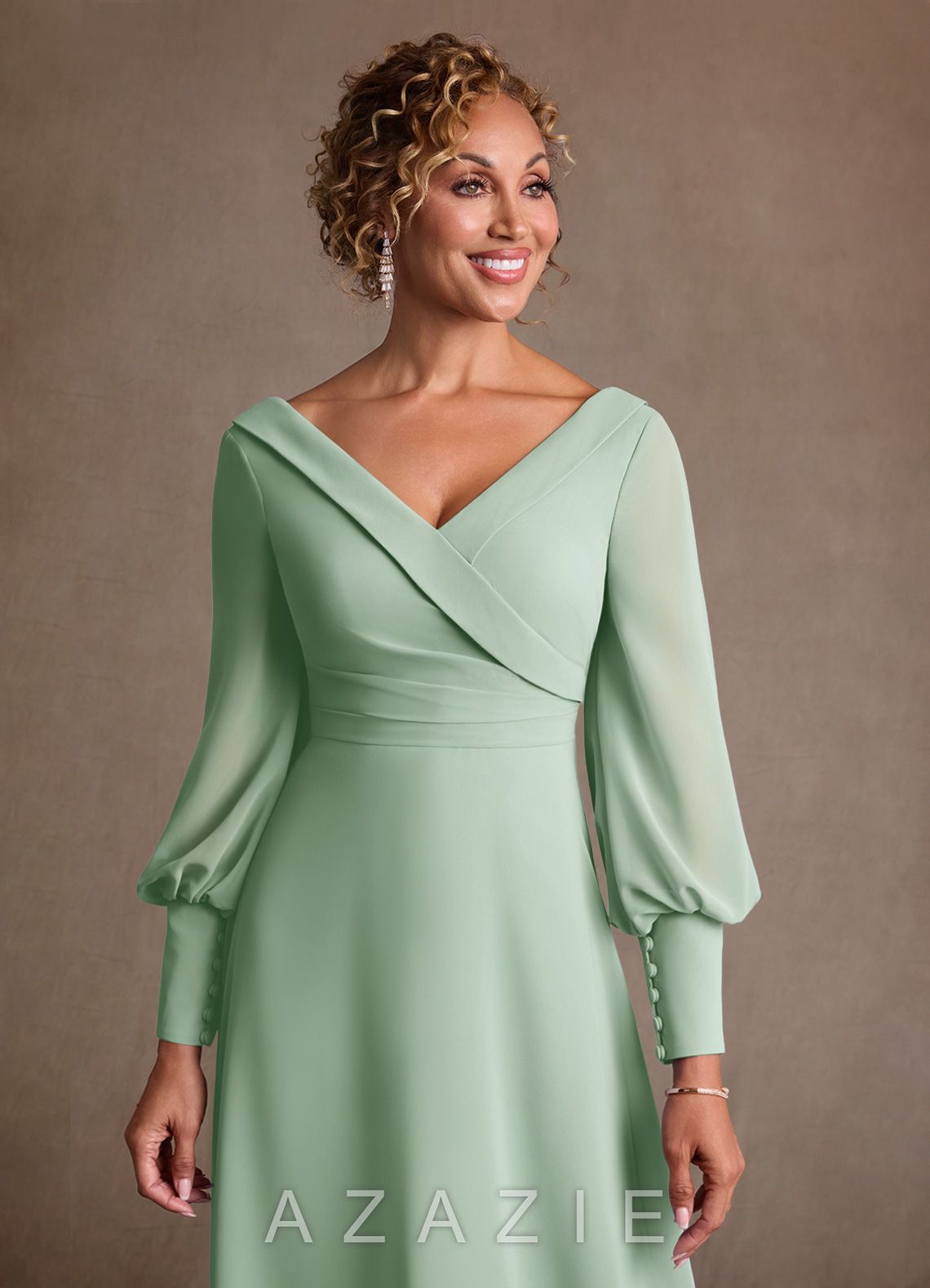 Azazie Paterson Agave A-Line Pleated Chiffon Dress agave