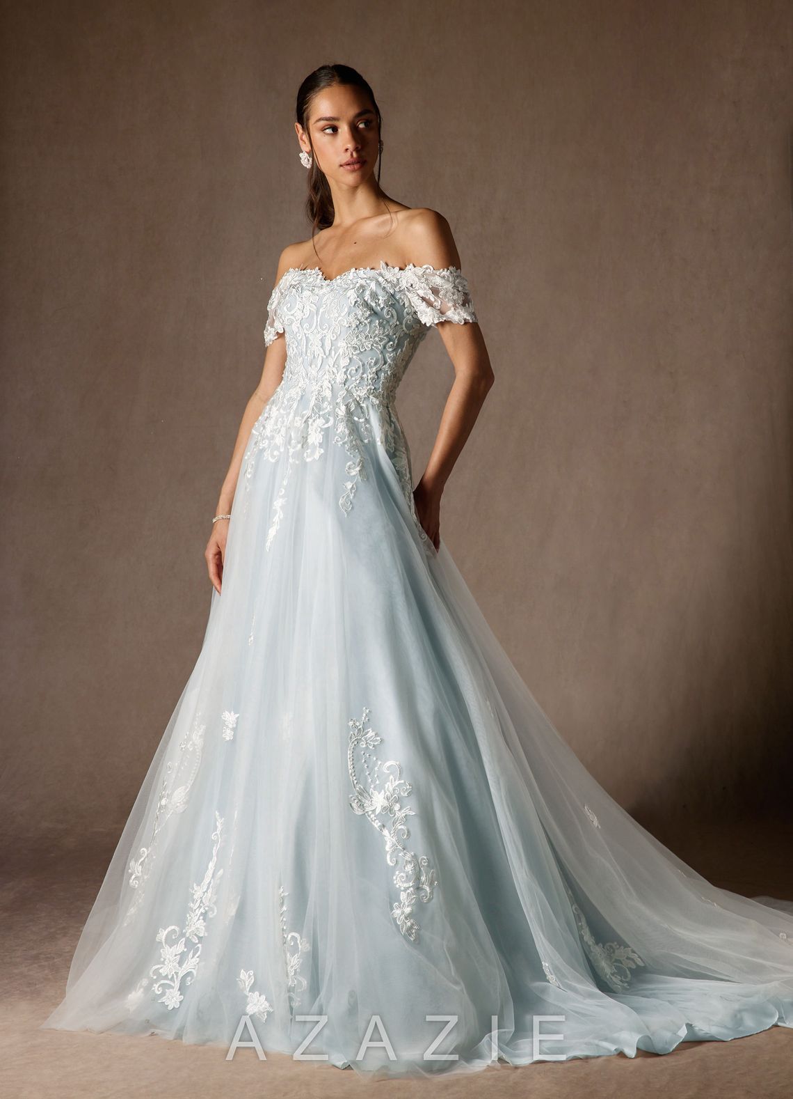 Azazie Rowe Wedding Dress Cloudy Blue Ball-Gown Off the Shoulder Tulle Dress