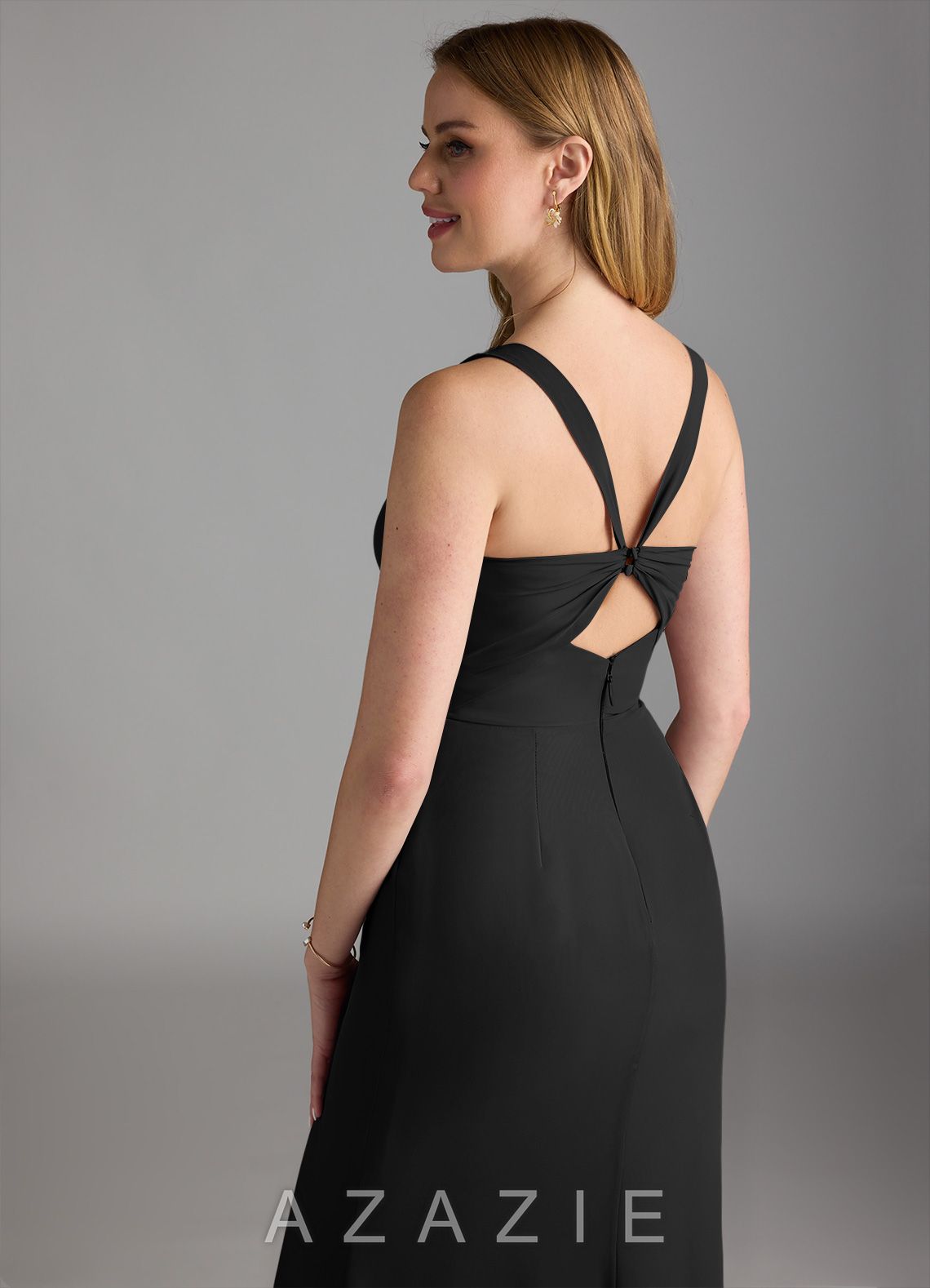 Azazie Mero Black Sheath Pleated Chiffon Dress black