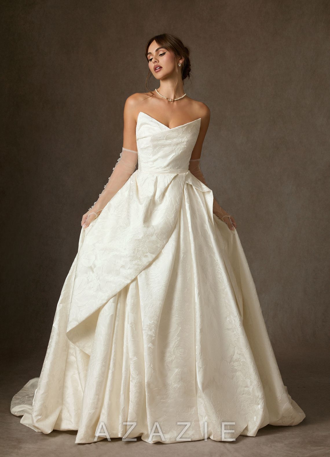 Azazie Allira Antique White Ball-Gown Strapless Floral Jacquard Dress