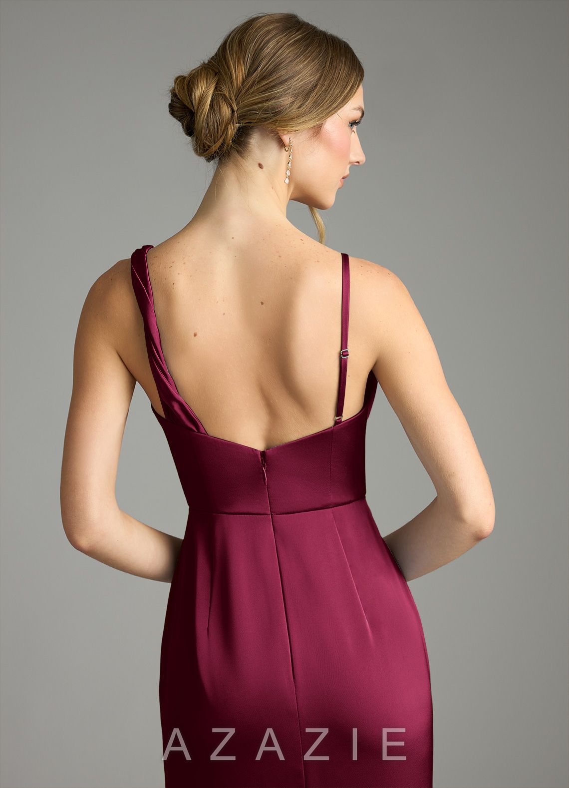Azazie Samara Burgundy Mermaid Pleated Stretch Satin Dress burgundy