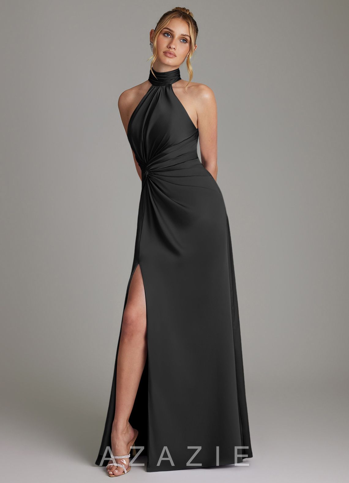 Azazie Gracelynn Black Sheath Pleated Stretch Satin Dress black