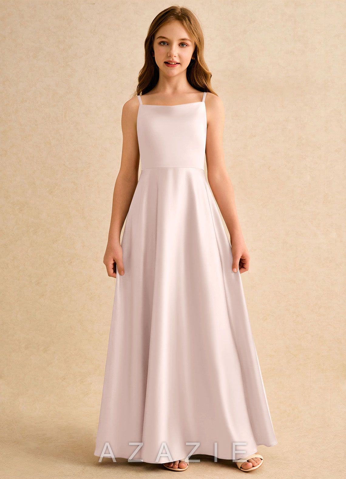 Azazie Joella Girls Formal Blushing Pink A-Line Pleated Stretch Satin Dress blushing_pink