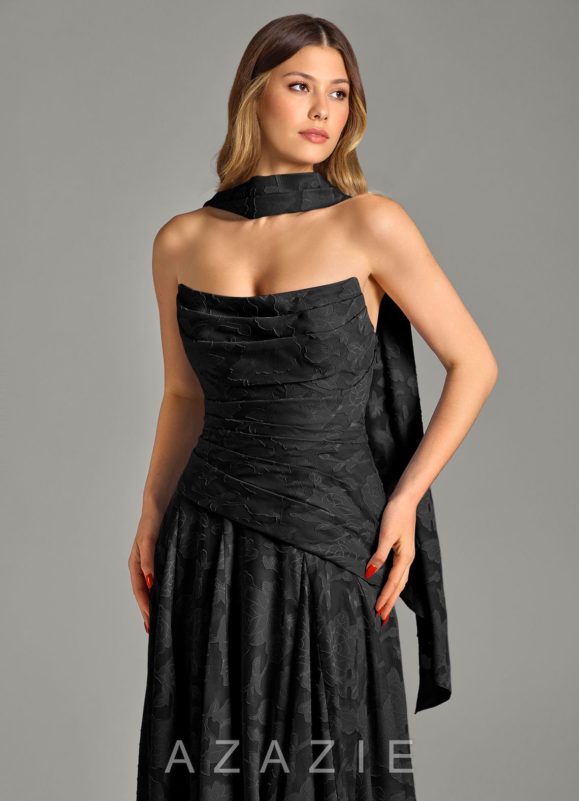 Azazie Gabriela Black A-Line Strapless Floral Burnout Dress black