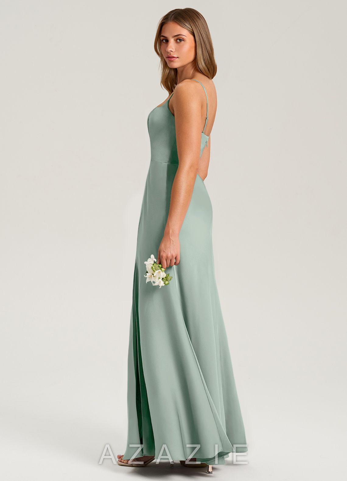 Azazie Lidia Agave Mermaid Side Slit Stretch Satin Dress agave