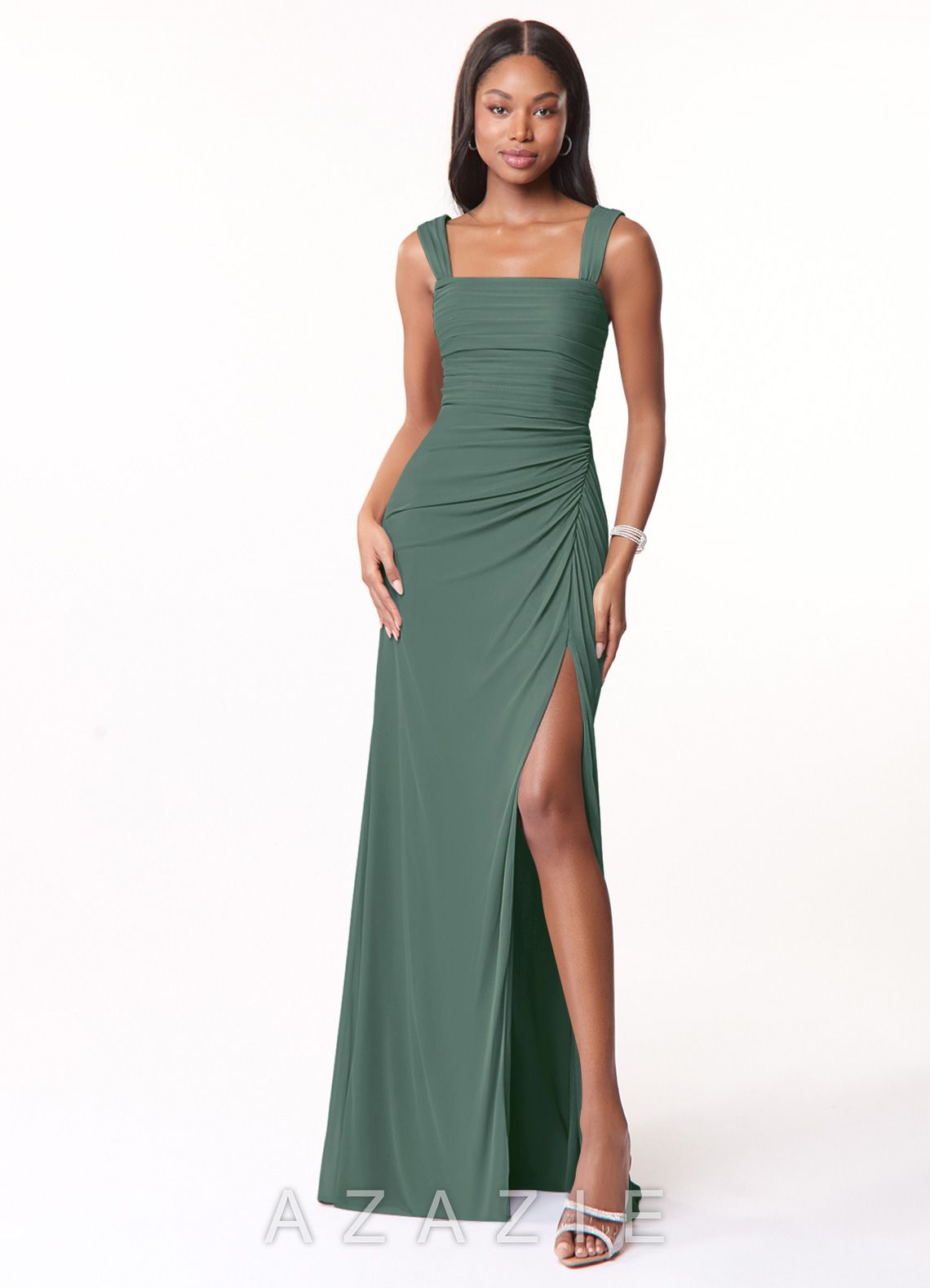 Azazie Jesaphine Eucalyptus Sheath Ruched Mesh Dress eucalyptus