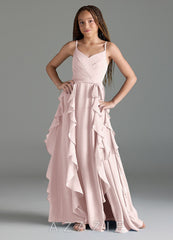 Azazie Peyton Junior Blushing Pink A-Line V-Neck Cascading Ruffles Chiffon Dress