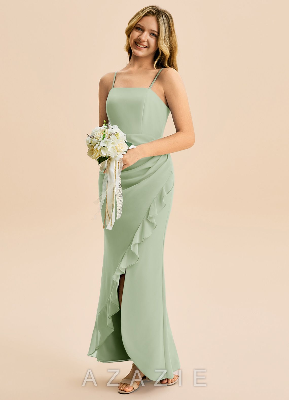 Azazie Buzzy Junior Dusty Sage Sheath Pleated Chiffon Dress dusty_sage