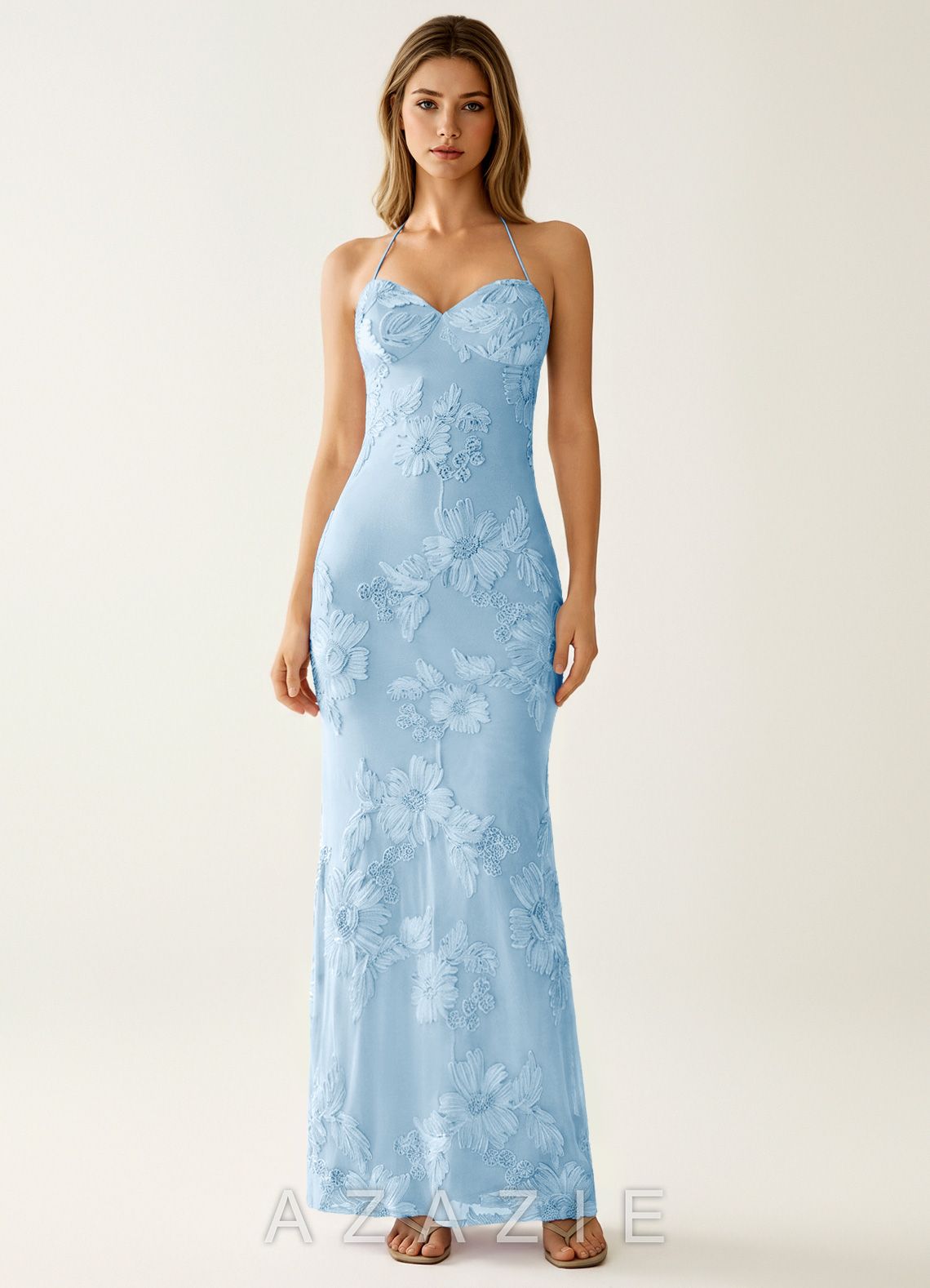 Nasasiya Sky Blue Stretch Lace Opne Back Party Dress